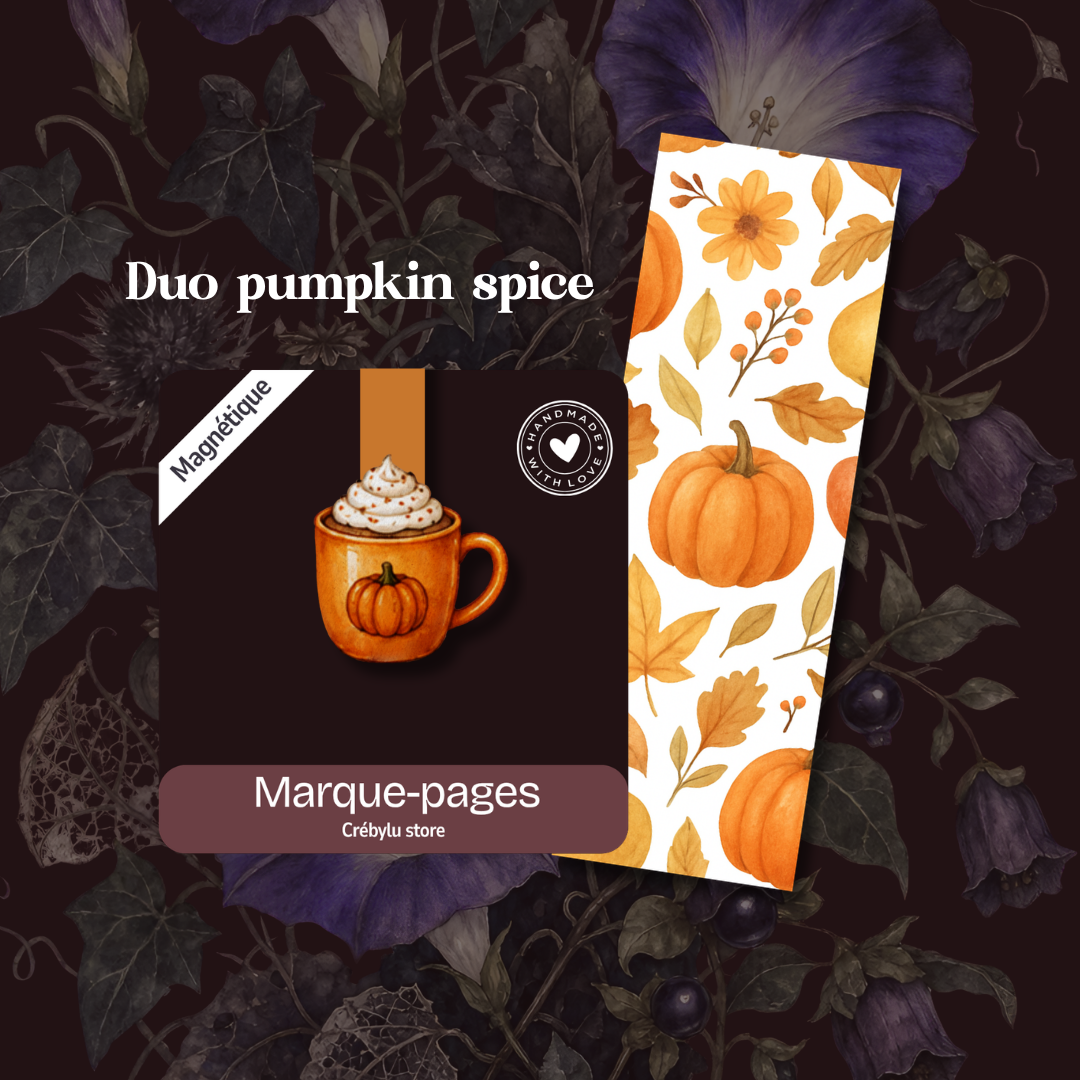 Duo Pumpkin Spice avec marque-page magnétique tasse de latte citrouille et marque-page classique à motifs citrouilles et feuilles.