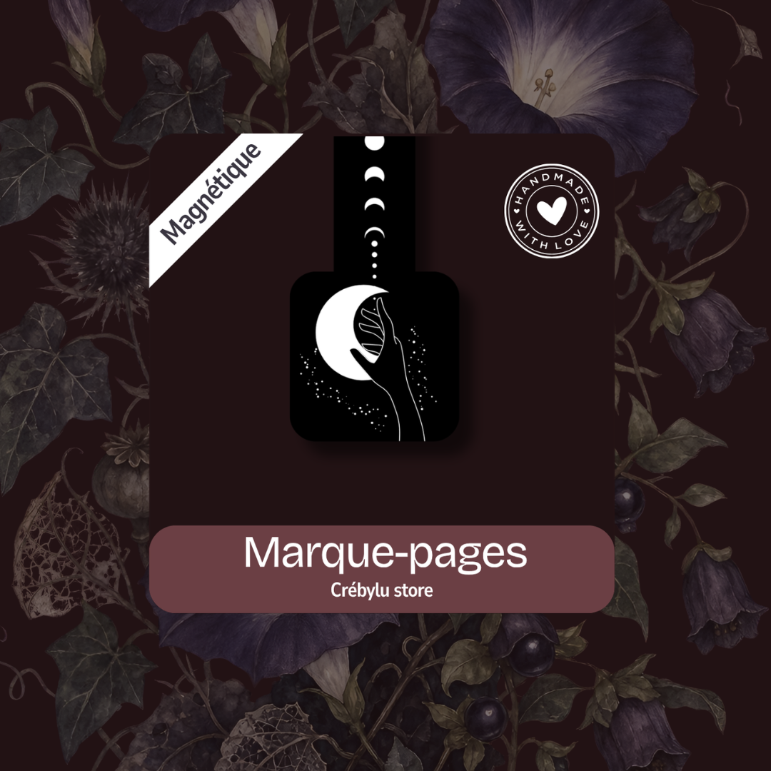 Marque-page magnétique noir et blanc illustrant deux mains et les phases de la lune, collection Les Pages de Minuit