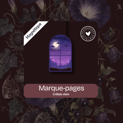 Marque-page magnétique violet illustré d'une pleine lune et d'un ciel étoilé, collection Les Pages de Minuit