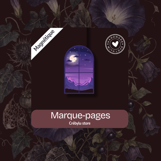 Marque-page magnétique violet illustré d'une pleine lune et d'un ciel étoilé, collection Les Pages de Minuit