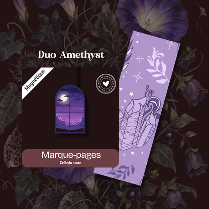 Duo Amethyst avec marque-page magnétique fenêtre sur un ciel violet et marque-page classique lavande aux illustrations étoilées et florales.
