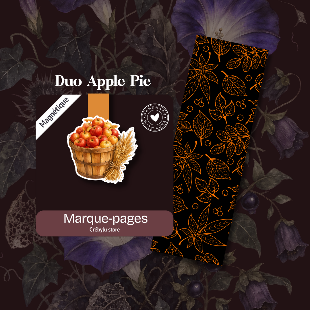 Duo Apple Pie avec marque-page magnétique panier de pommes et marque-page classique noir à feuillages orangés.