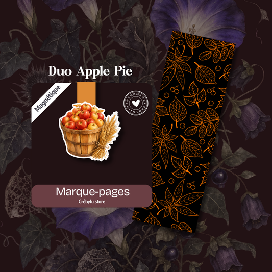 Duo Apple Pie avec marque-page magnétique panier de pommes et marque-page classique noir à feuillages orangés.