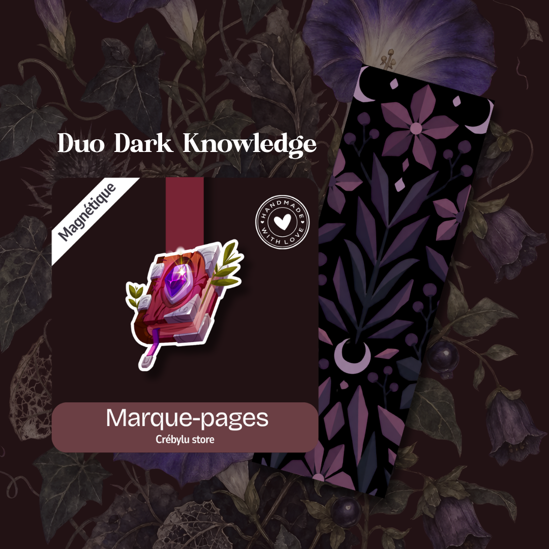 Duo Dark Knowledge avec marque-page magnétique grimoire violet et marque-page classique botanique noir et mauve.