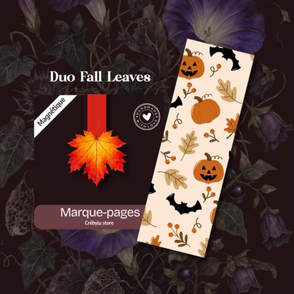Duo Fall Leaves avec marque-page magnétique feuille d'érable orange et marque-page classique à motifs citrouilles et Halloween.
