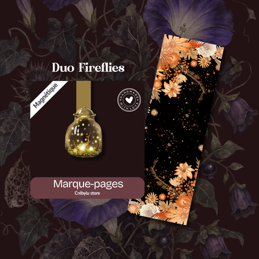 Duo Fireflies avec marque-page magnétique bocal de lucioles et marque-page classique noir à fleurs dorées et orangées.