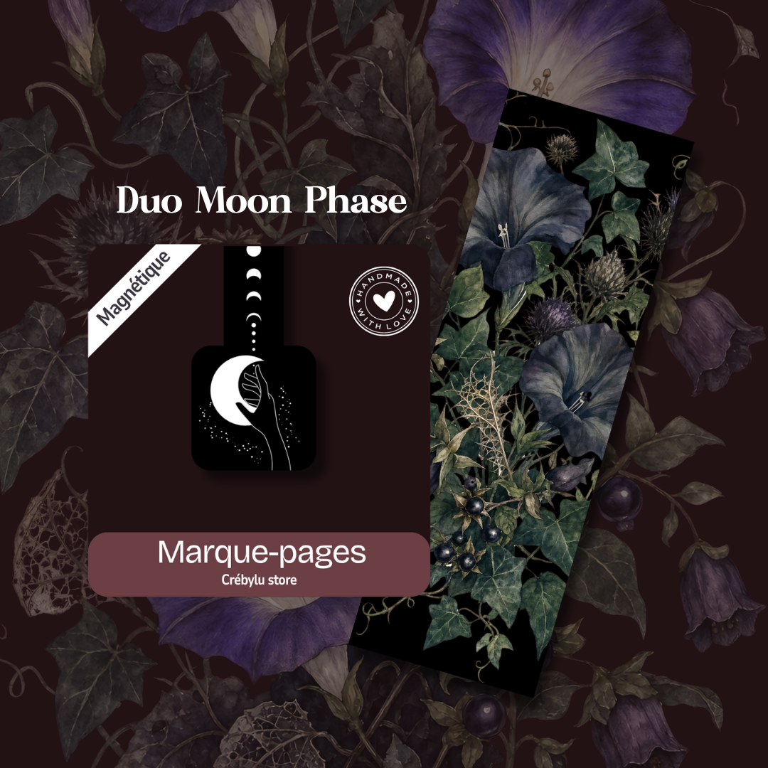 Duo Moon Phase composé d'un marque-page magnétique noir avec croissant de lune et d'un marque-page classique floral sombre.