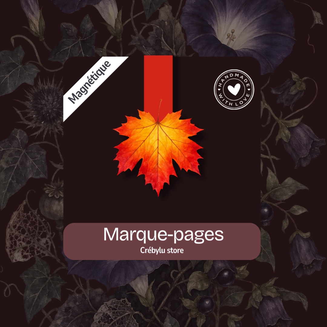 Marque-page magnétique illustré de feuilles d'érable rouge et orange, collection Les Pages de Minuit