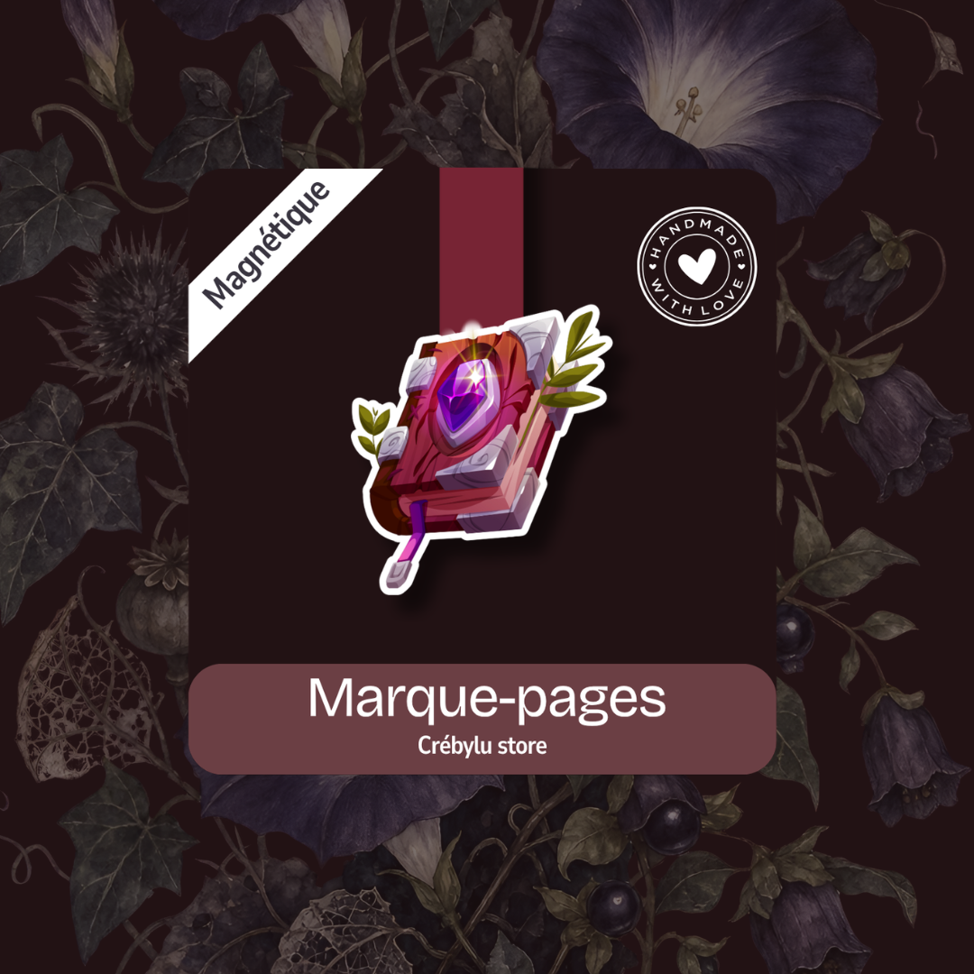 Marque-page magnétique en forme de grimoire magique avec cristal violet, collection Les Pages de Minuit