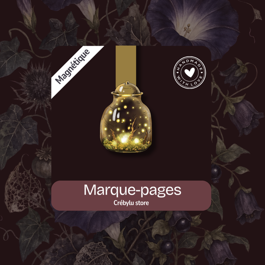 Marque-page magnétique illustré d'un bocal à lucioles dorées dans une forêt, collection Les Pages de Minuit