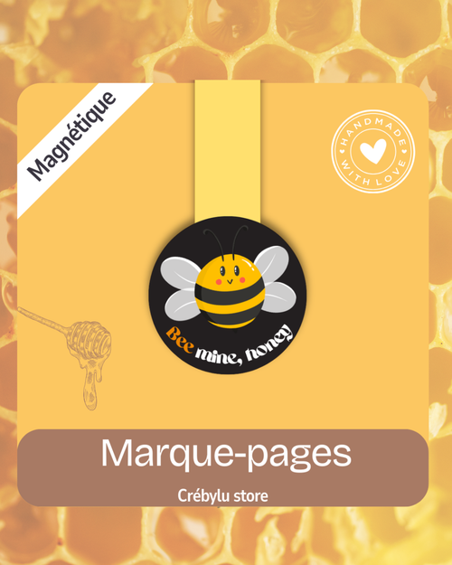 Marque-page magnétique Bee Mine Honey — abeille kawaii fond noir Collection Honey Garden CrébyluStore