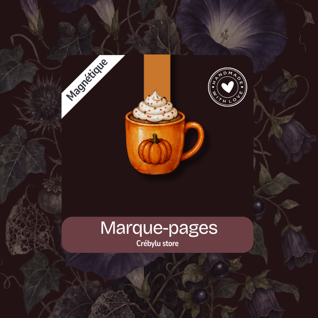 Marque-page magnétique illustré d'une tasse pumpkin spice latte avec chantilly, collection Les Pages de Minuit