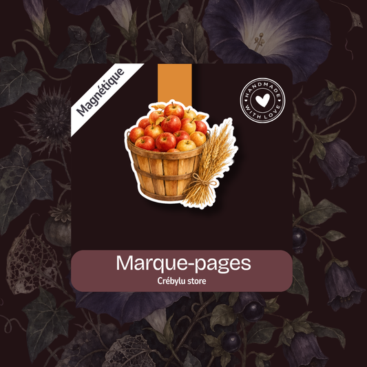 Marque-page magnétique illustré d'un panier de pommes et d'épis de blé, collection Les Pages de Minuit
