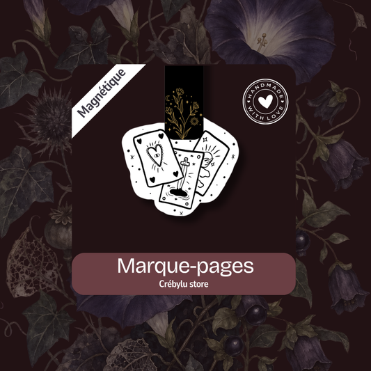 Marque-page magnétique illustré de cartes de tarot en noir et or, collection Les Pages de Minuit
