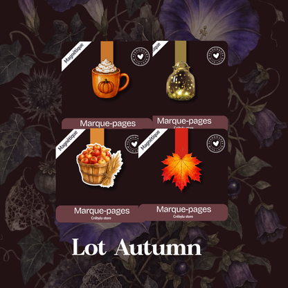 Lot Autumn composé de quatre marque-pages magnétiques : boisson citrouille, lucioles, pommes d'automne et feuille orangée.