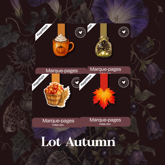 Lot Autumn composé de quatre marque-pages magnétiques : boisson citrouille, lucioles, pommes d'automne et feuille orangée.