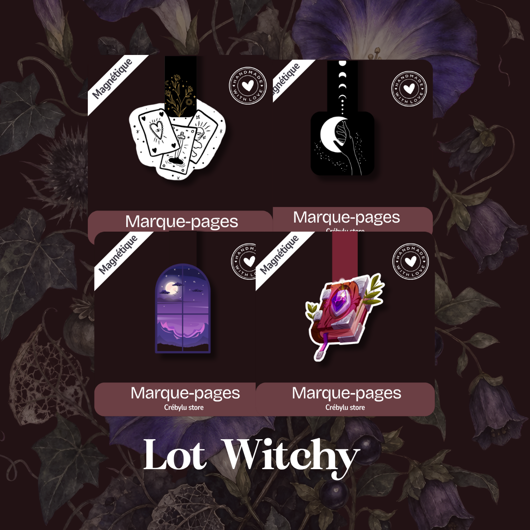 Lot Witchy de quatre marque-pages magnétiques sur les thèmes du tarot, des phases lunaires, de la nuit et de la magie.